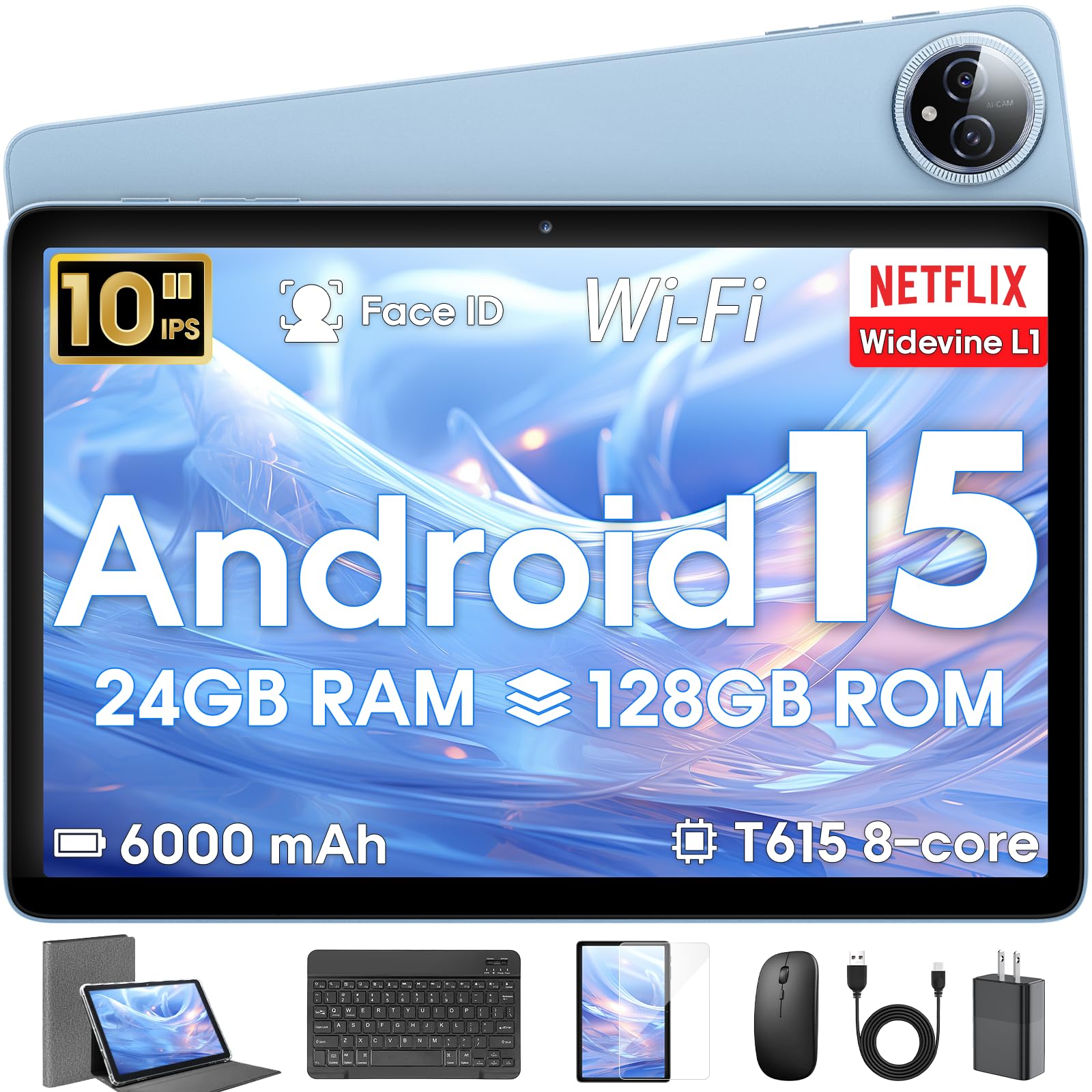 Android 15 Tablet 10 inch, 24GB RAM 128 ROM, Tablets with Keyboard